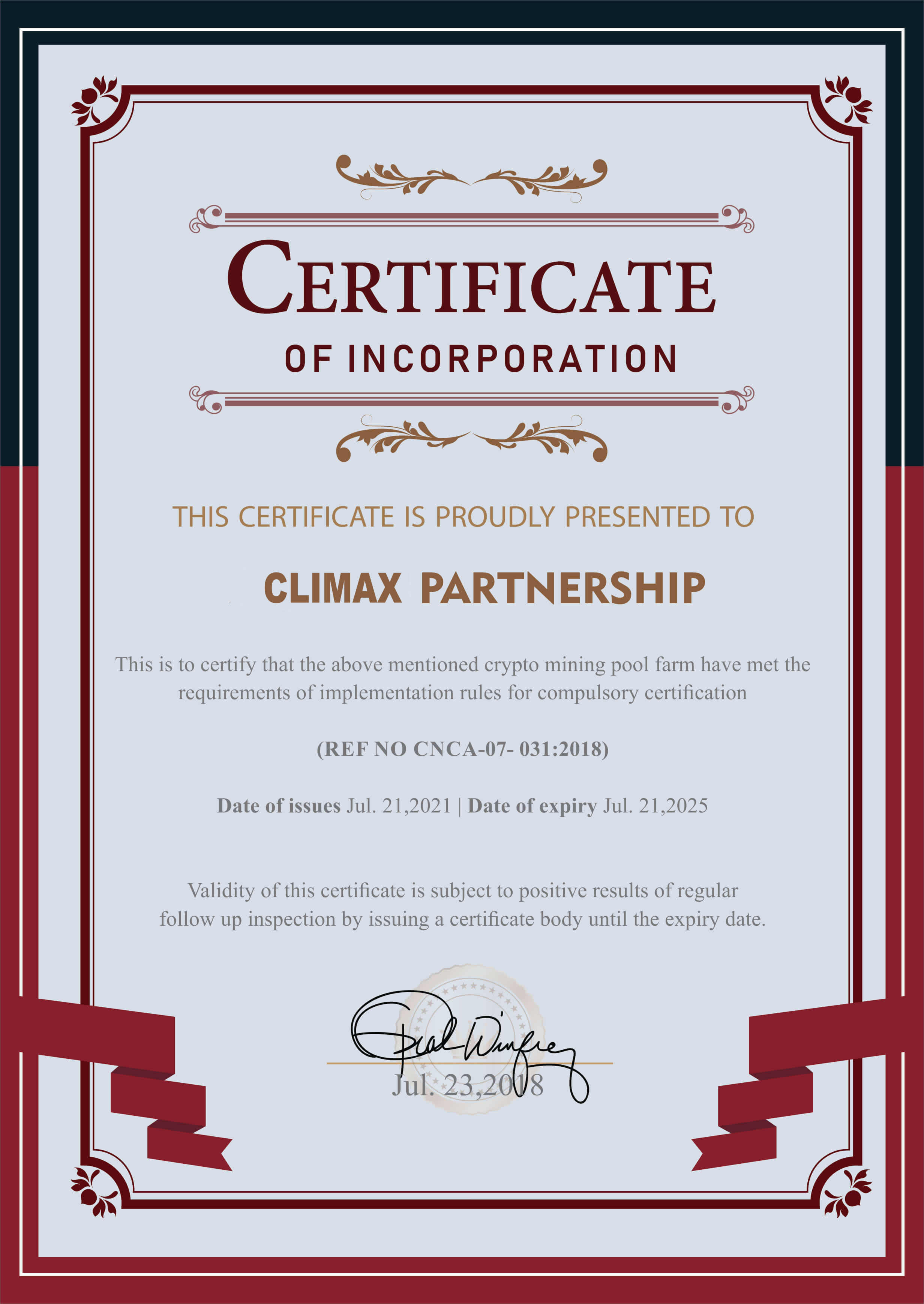 Climax partnership certificate